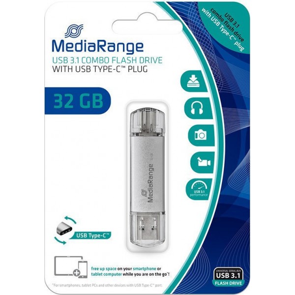 USB Flash Drive MediaRange MR936 32GB Silver USB 3.1 & Type-C (MR936)