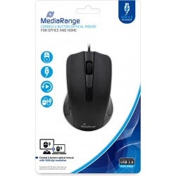 Mouse MediaRange Corded 3-Button Black Wired Optical (MROS210)